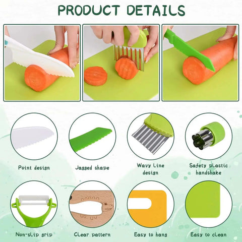 Montessori Kitchen Tools For Toddlers 13 Piece Set With Kid Safe Knives Crinkle Cutter Peeler Cutting Boards Wooden Knives And Sandwich Cutters For Real Cooking And Easy Hands On Learning shown with cutting features and details.