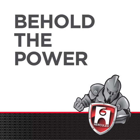 Hercules logo with knight armor illustration and text 'Behold the Power' on a patterned background