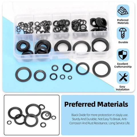 Conical knurled spring washers set with wedge locks and Belleville washers, black oxide steel, 160pcs in organizer.