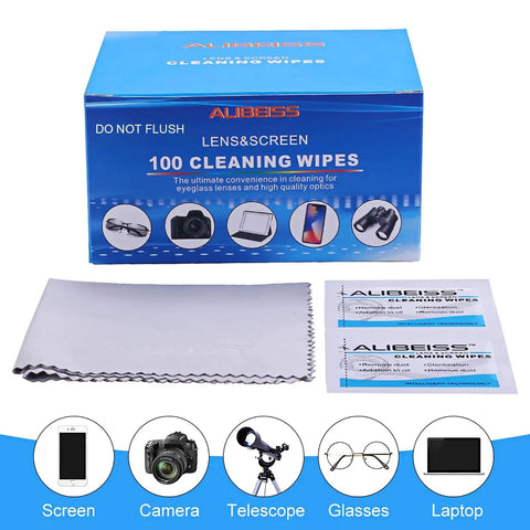 Pre Moistened Lens And Screen Wipes For Glasses Cameras Phones Pack Of 100 with microfiber cloth and packaging