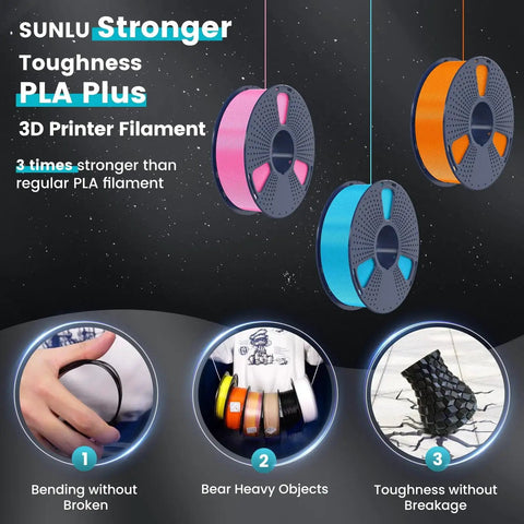 Spools of PLA Plus Filament 1.75mm Black 1kg for Stronger Prints and Layer Adhesion with examples of strength and durability.