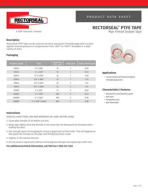 Image of Rectorseal PTFE Pipe Thread Sealant Tape packaging and specifications for plumbing use.