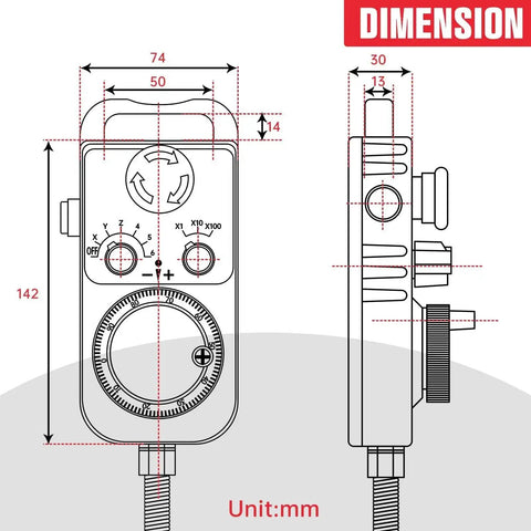 Diagram showing dimensions of 6 Axis CNC Handwheel MPG Pendant With Emergency Stop And Manual Pulse Generator Universal