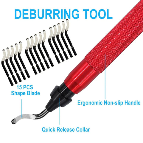 Premium Deburring Tool With 15 High Speed Steel Swivel Blades For Metal Resin PVC Pipes Plastic Aluminum Copper Wood And 3D Printing Burr Removal Red Coeweule Durable Handle