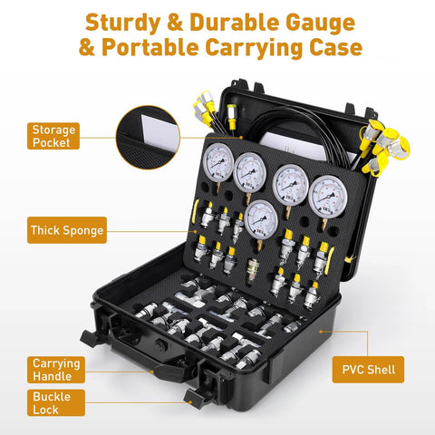 HOTROSE hydraulic pressure test kit with 5 gauges in a black PVC carrying case and yellow fittings
