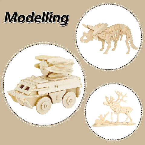 Wooden models of vehicle, dinosaur skeleton, and moose, created from laser-cut basswood sheets for craft projects.