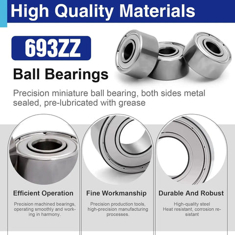Image of 693ZZ ball bearings highlighting high quality materials and features like efficient operation, fine workmanship, and durability.