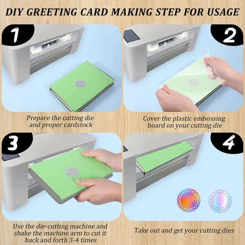 Step-by-step guide using 8 Pattern Round Lace Border Die Set for card making with embossing machine, showing green card and cutting die.
