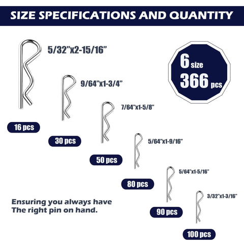 366 Piece Cotter Pin Set With 6 Sizes R Clips For Auto ATV Dirt Bike And Lawn Gear Pro Grade Galvanized Carbon Steel Hairpin Clips