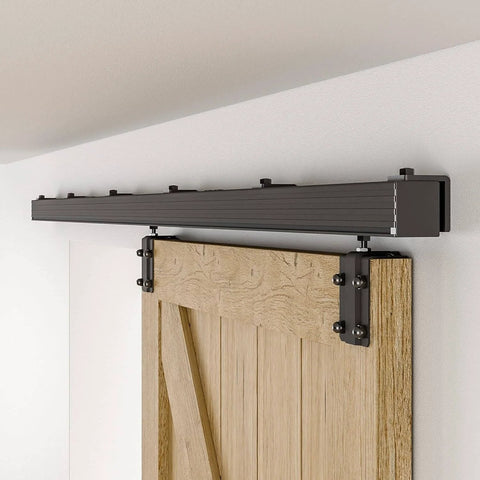 Six Foot Box Rail Sliding Barn Door Hardware Kit Aluminum Alloy Wall Mount Heavy Duty For Single Door Smooth Ball Bearing Rollers For Quiet Glide Supports Up To 330 Lb Fits Door Thickness One Inch To One And Three Quarter Inches installed view