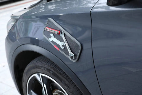 Must Have Magnetic Tool Mat Set for Garage and Workshop, Includes Magnetic Tray and Screw Organizer Pad on car fender