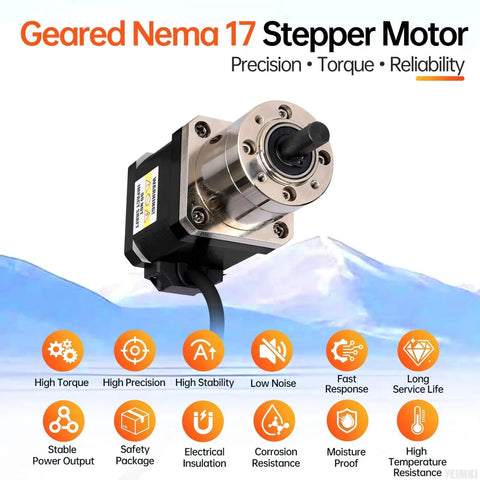 Geared Nema 17 Stepper Motor With Integrated Planetary Gearbox 13.73:1 Ratio shown with product features