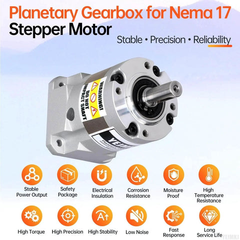 Ratio 10:1 Planetary Gearbox for Nema 17 Stepper Motor with visible input shaft and housing, displayed with features icons.