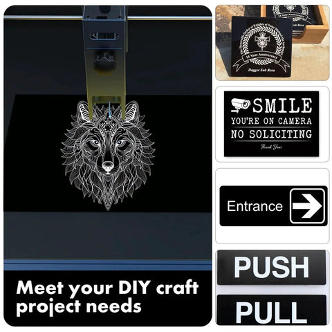 Two Tone Laser Engraving ABS Plastic Sheets 5 Pack Black And White 11.8 By 11.8 Inches 0.05 Inch Thick For Name Badges Office Labels Laser Art Projects And Craft showing engraved wolf design and assorted signage.