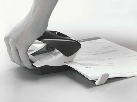 Using Two Hole Punch for 30 Sheets, Metal Office Workhorse With Guide Bar and Format Markings, Black NeXXt Range in action