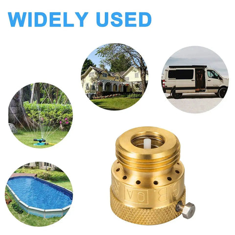 Three Quarter Inch Solid Brass Garden Hose Connection Vacuum Breaker Backflow Preventer Kit with uses shown