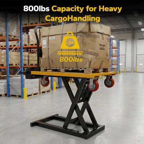 Electric lifting platform cart with 800 lb capacity, yellow platform on a black scissor-base and red caster wheels.