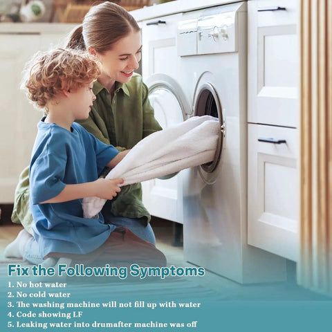 Washer water inlet valve product image; front-loading white washer with mother and child loading a towel.