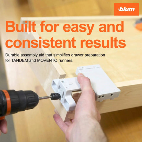 Precision drilling template for concealed undermount drawer runners that simplifies installation, showing drilling process.