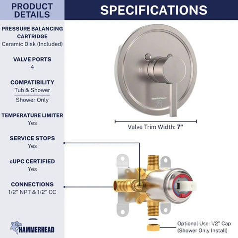 Solid Metal Single Handle Shower Trim Kit With Rough In Valve And Pressure Balance, Brushed Nickel Finish, shown with specifications.