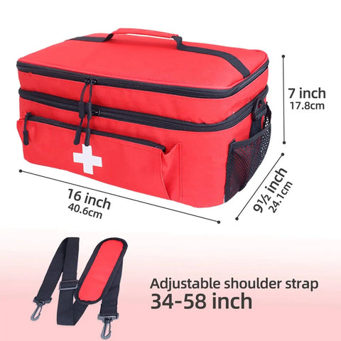 Go-To Spacious Double Layer First Aid Bag For Easy Organizing ALSLEA Large Medical Organizer with adjustable shoulder strap and dimensions shown.