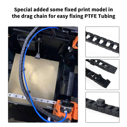 K1 Max Drag Chain Cable Carrier for 3D Printer Upgrades, installed showing black flat cable chain with PTFE tubing