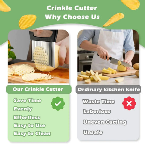 Comparison of a big crinkle cutter and ordinary kitchen knife slicing potatoes, highlighting the benefits of the crinkle cutter.