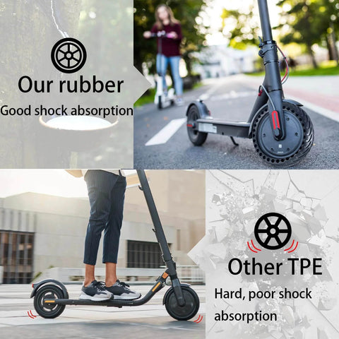 Comparison of scooter with 'Our rubber' tires and 'Other TPE' tires, highlighting shock absorption capabilities.