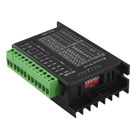 Upgraded TB6600 Stepper Motor Driver for CNC Systems with 4A 9-42V input, 32 subdivisions; side view with green terminal block