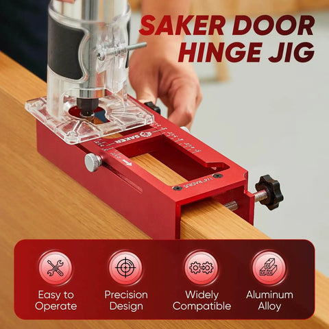 Pro Grade Aluminum Door Hinge Jig For Router Work That Feels Pro Level, Adjustable Door Jamb Template Fits Hinges From Two Point Five To Five Inches, Radius Options One Quarter Inch Or Five Eighths Inch, Heavy Duty DIY Friendly in use on a wooden door edge.
