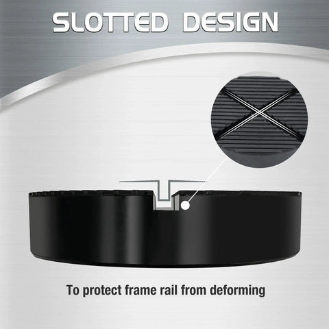Slotted design of Universal Floor Jack Pad Adapter For Pinch Welds And Side Rail Protection, showing rubber material and grooves.