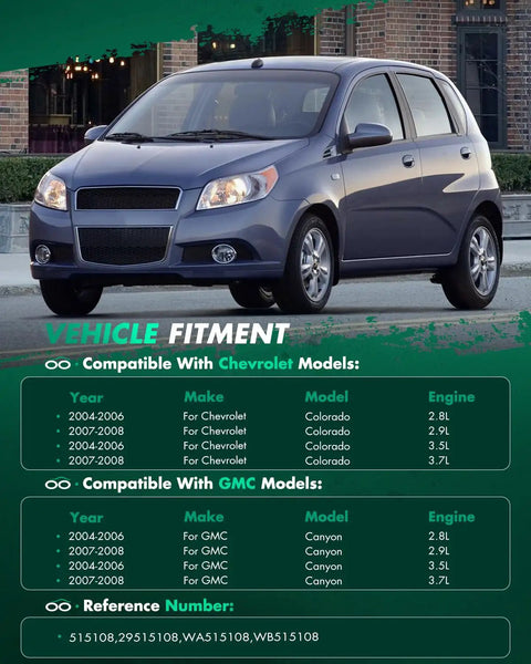 Vehicle compatibility chart for Chevy Colorado and GMC Canyon 2004-2008 models with engine details and reference numbers.