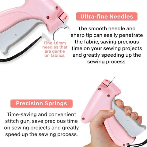 Close-up of pink Micro Stitch Gun For Quick Clothing Fixes Handheld Sewing Tool with 10 Needles and precision spring feature.