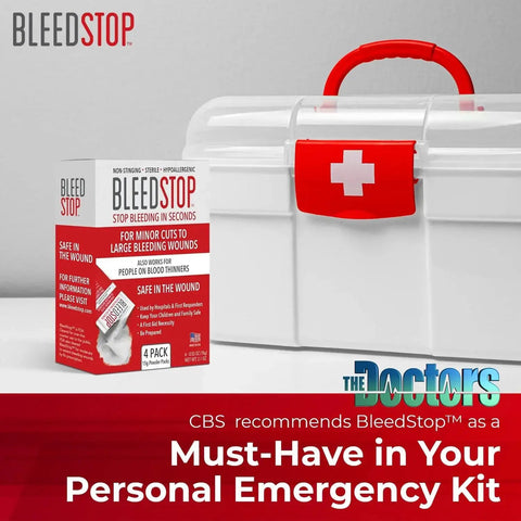 Fast Acting Blood Clotting Powder For First Aid BleedStop Set Of 4 15g Pouches next to emergency kit box