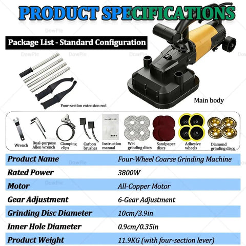 Heavy Duty Floor Concrete Polisher And 4 Head Grinder With Wet Dry Mode shown with accessories and specifications list.