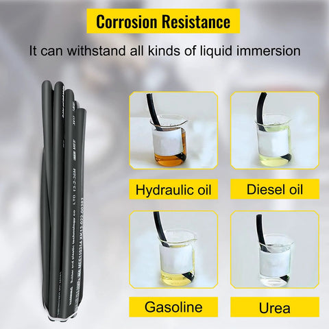 VEVOR rubber hydraulic hose bundle, 50 ft, 1/2 in ID, steel-braid, 5000 PSI; shows hydraulic, diesel, gasoline, and urea oil compatibility.