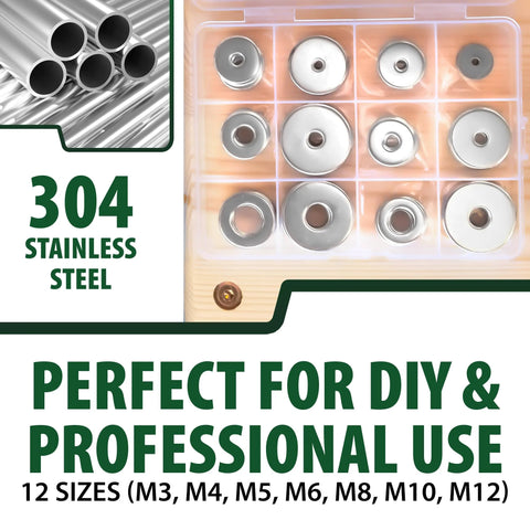 Fender washer set, 304 stainless steel flat washers, 12 sizes in storage case (M3–M12)