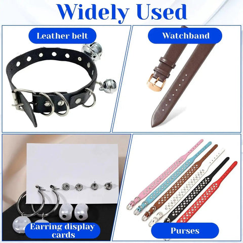 Illustrated uses of the 2mm Round Leather Hole Punch Heavy Duty Handheld Metal Punch Tool including leather belts, watchbands, earring cards, and purses.