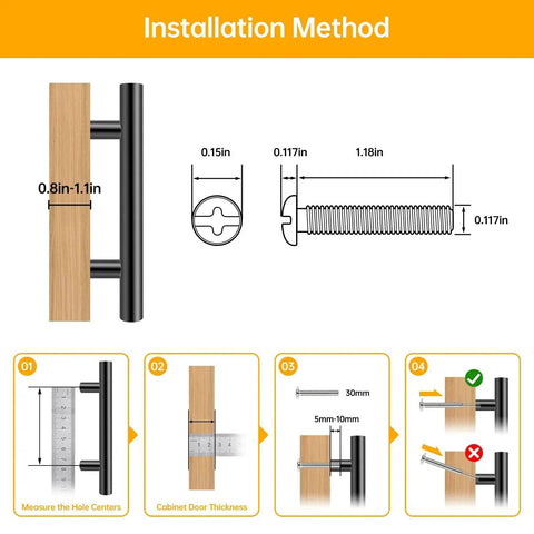 Installation guide for 24 Pack 5 Inch Stainless Steel Cabinet Pulls With Brushed Nickel Finish, showing screw measurements and hole spacing.