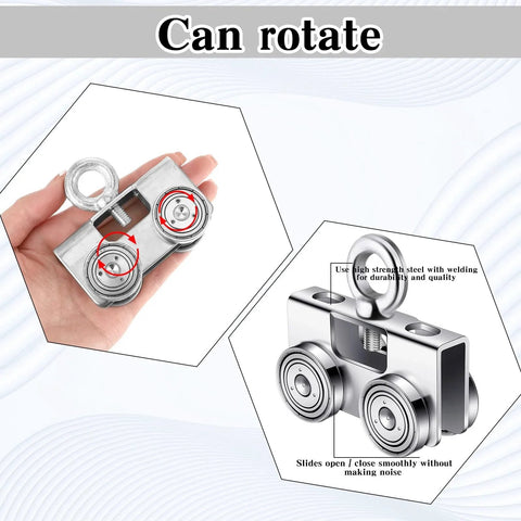Close-up of Four-Piece Ring-Style Electric Hoist Trolley Set for 1-5/8 Inch Wide Strut Channel, showing rotating galvanized wheels