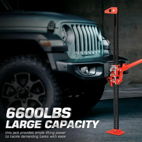 Universal 48 Inch Farm Jack Ratcheting 3 Ton Off Road Tool For Car Truck SUV next to a vehicle tire