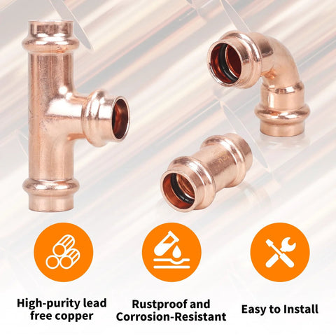 Znkiok 1/2 in copper ProPress fittings set: 1 tee, 2 elbows, 2 couplings