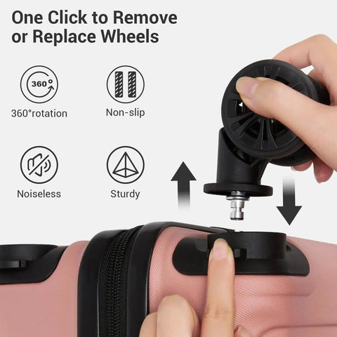 Close-up of wheel replacement on Underseat Carry On Luggage That Fits In Most Airline Seats And Overhead Bins, Nude Rose Pink