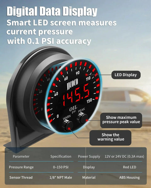 Digital LED Oil Pressure Gauge Kit with 0-150 PSI range, red LED display, 52mm gauge, 12/24V for cars, includes digital red LED readout for gearheads.