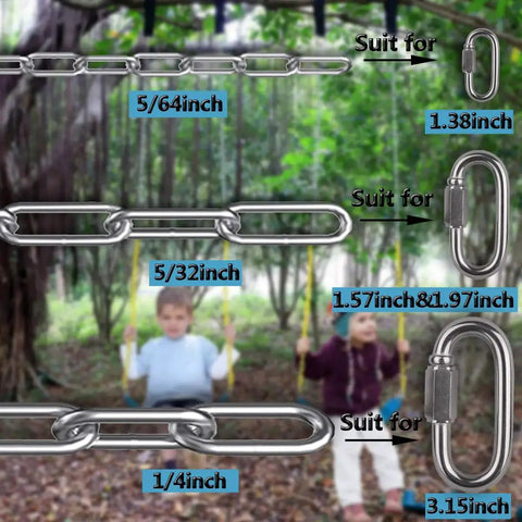 Different sizes of 304 Stainless Steel Heavy Duty Link Chain For Hanging Safety And Anti Theft with children playing in background.