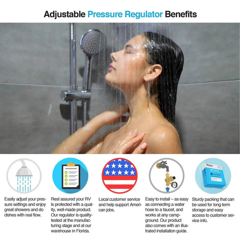 Person taking a shower demonstrating Adjustable Brass RV Water Pressure Regulator With Gauge For Camper And Travel Trailer Lead Free Filtered Reducer Valve With Easy Install Durable Construction Delivers Strong Showers And Consistent Water Flow benefits.