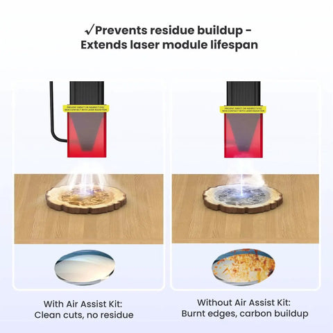 Pro Grade Longer Cut Engraver Air Assist Kit With Air Pump And Upgraded Switch Button for Ray5 shown with and without kit impact
