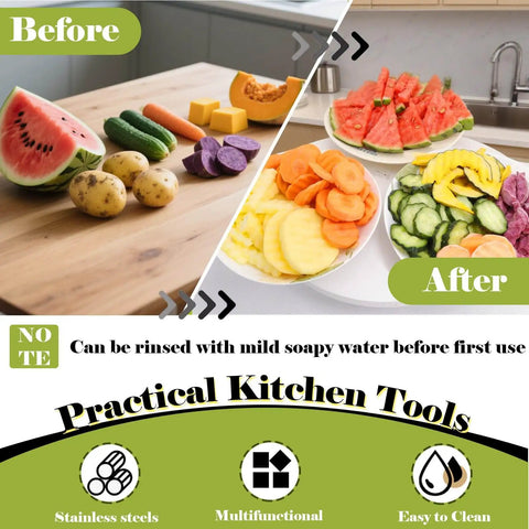 Before and after using Crinkle Cutter Wave Blade Slicer For Potatoes Carrots And Fruits FANTEXY Stainless Steel Waffle Fry Cutter