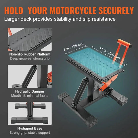 Heavy Duty Dirt Bike Lift Stand With 440 Lb Capacity And Hydraulic Lift featuring adjustable rubber platform and H-shaped base
