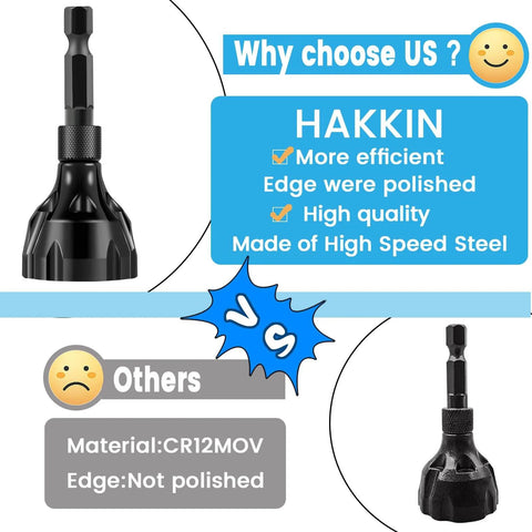 Two Piece Tungsten Carbide Deburring Chamfer Drill Bit Set For Damaged Metal Screws Bolts And Fasteners, Quick Release Hex Shank Fits 1/8 To 3/4 Inch (3-20mm) comparison image with benefits highlighted.